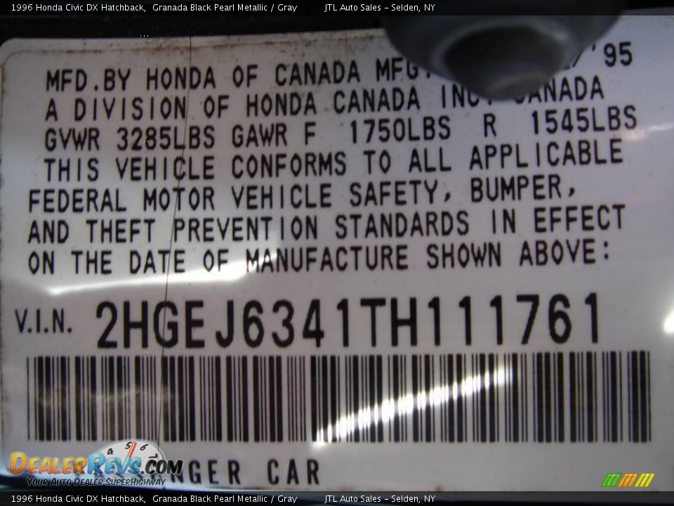 1996 Honda Civic DX Hatchback Granada Black Pearl Metallic / Gray Photo #17