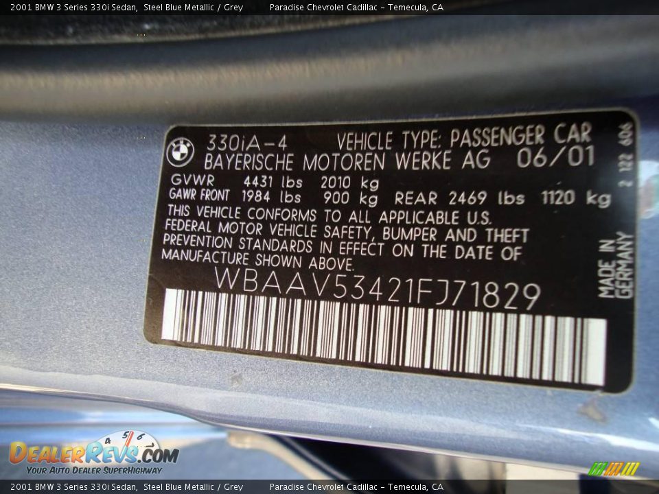 2001 BMW 3 Series 330i Sedan Steel Blue Metallic / Grey Photo #4
