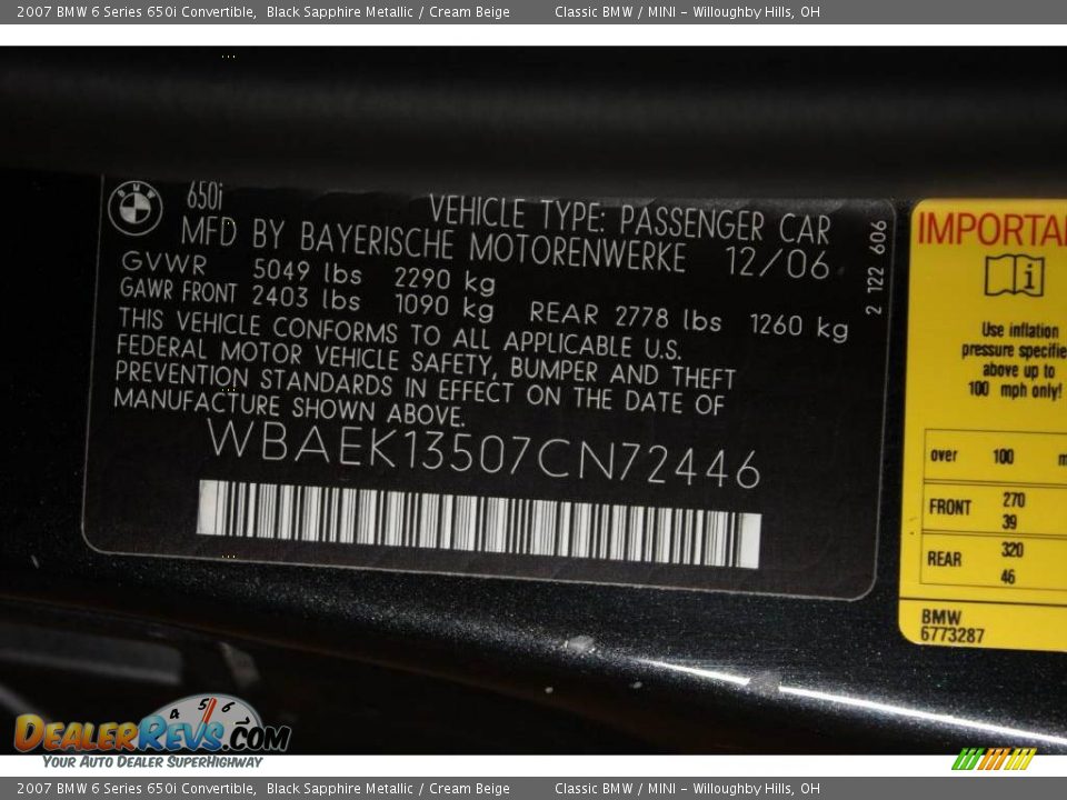 2007 BMW 6 Series 650i Convertible Black Sapphire Metallic / Cream Beige Photo #29