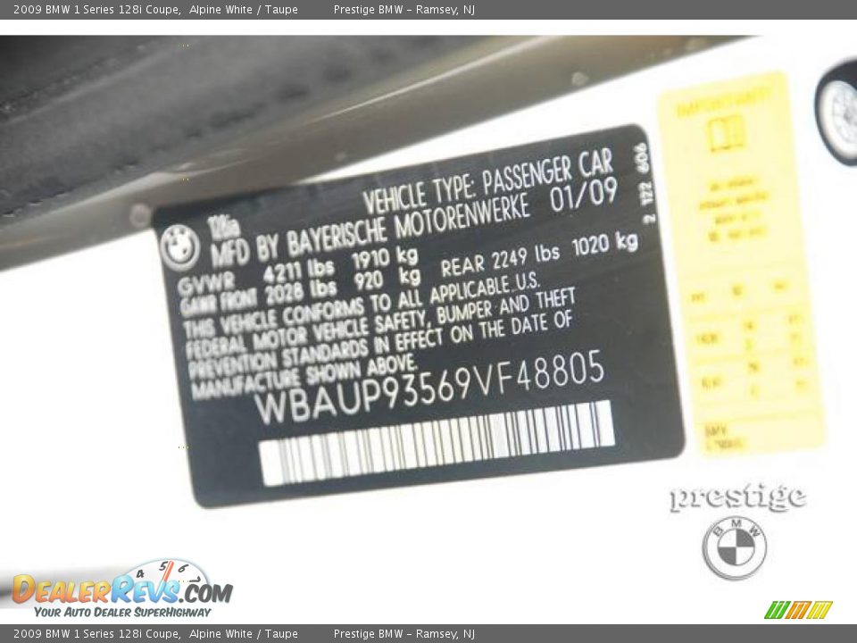 2009 BMW 1 Series 128i Coupe Alpine White / Taupe Photo #6