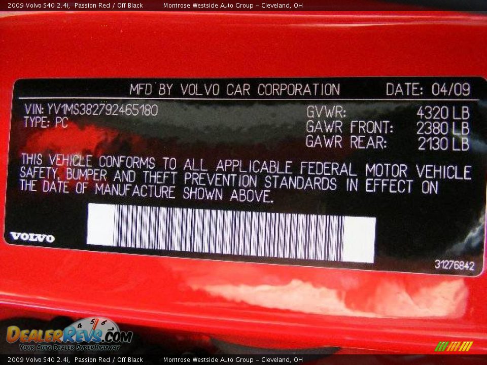 2009 Volvo S40 2.4i Passion Red / Off Black Photo #30