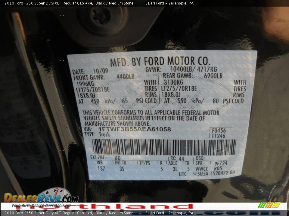 2010 Ford F350 Super Duty XLT Regular Cab 4x4 Black / Medium Stone Photo #12