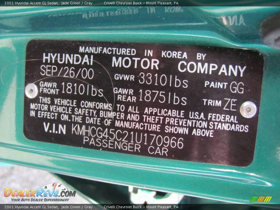 2001 Hyundai Accent GL Sedan Jade Green / Gray Photo #24