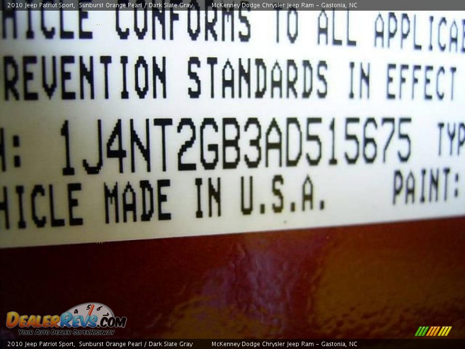 2010 Jeep Patriot Sport Sunburst Orange Pearl / Dark Slate Gray Photo #10