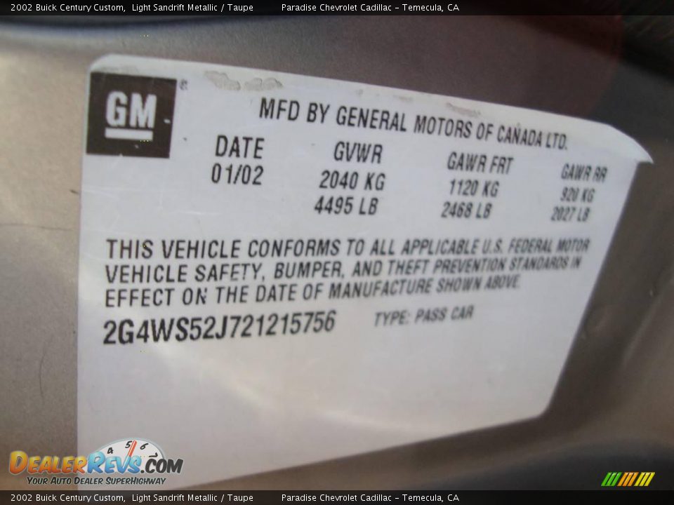 2002 Buick Century Custom Light Sandrift Metallic / Taupe Photo #5
