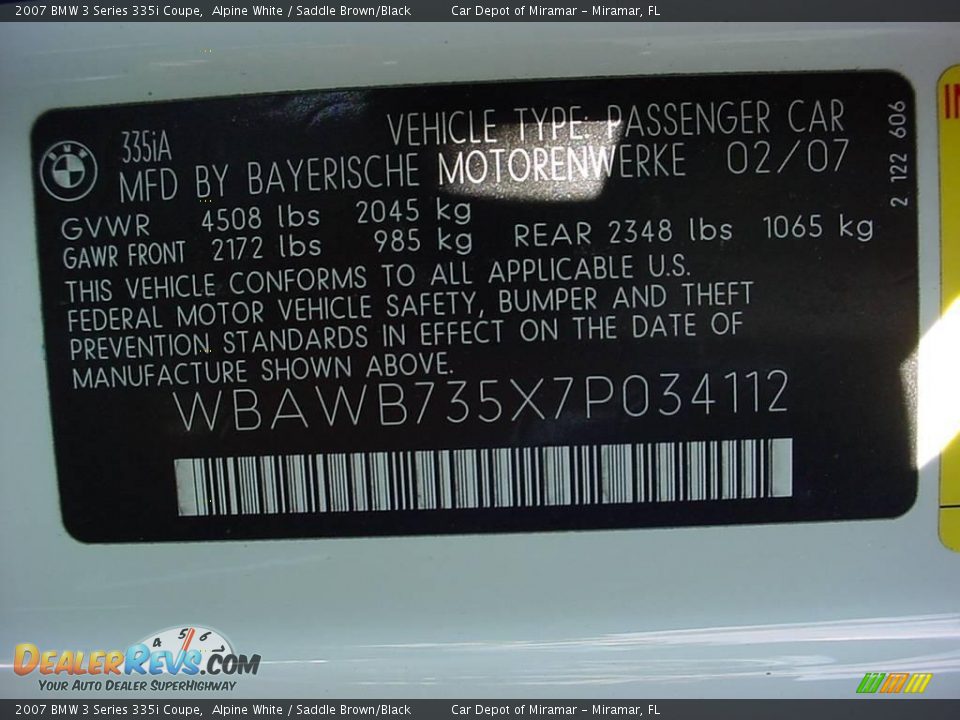 2007 BMW 3 Series 335i Coupe Alpine White / Saddle Brown/Black Photo #17