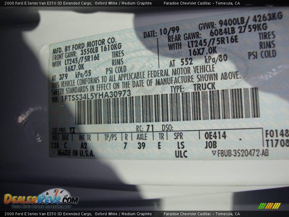 2000 Ford E Series Van E350 SD Extended Cargo Oxford White / Medium Graphite Photo #5