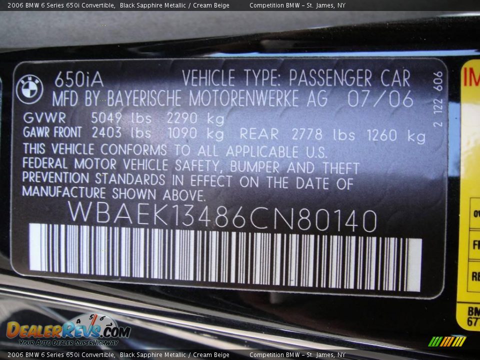 2006 BMW 6 Series 650i Convertible Black Sapphire Metallic / Cream Beige Photo #17