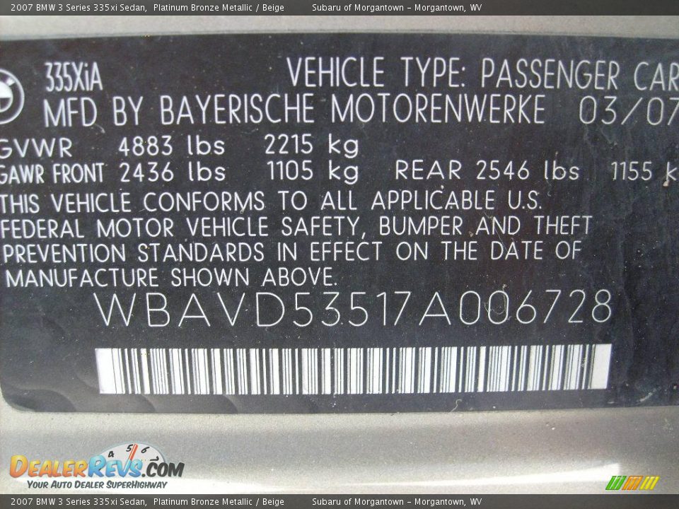 2007 BMW 3 Series 335xi Sedan Platinum Bronze Metallic / Beige Photo #18