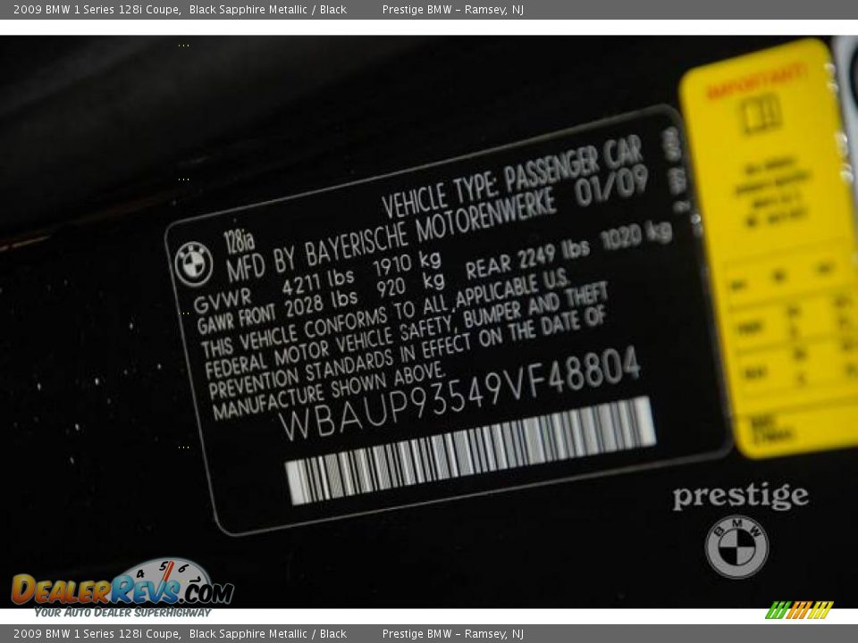 2009 BMW 1 Series 128i Coupe Black Sapphire Metallic / Black Photo #6