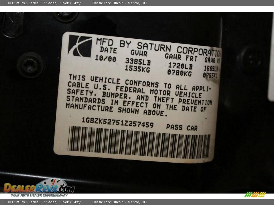 2001 Saturn S Series SL2 Sedan Silver / Gray Photo #19