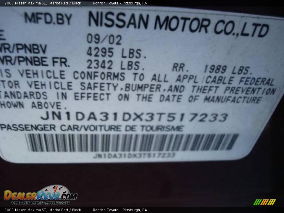 2003 Nissan Maxima SE Merlot Red / Black Photo #19