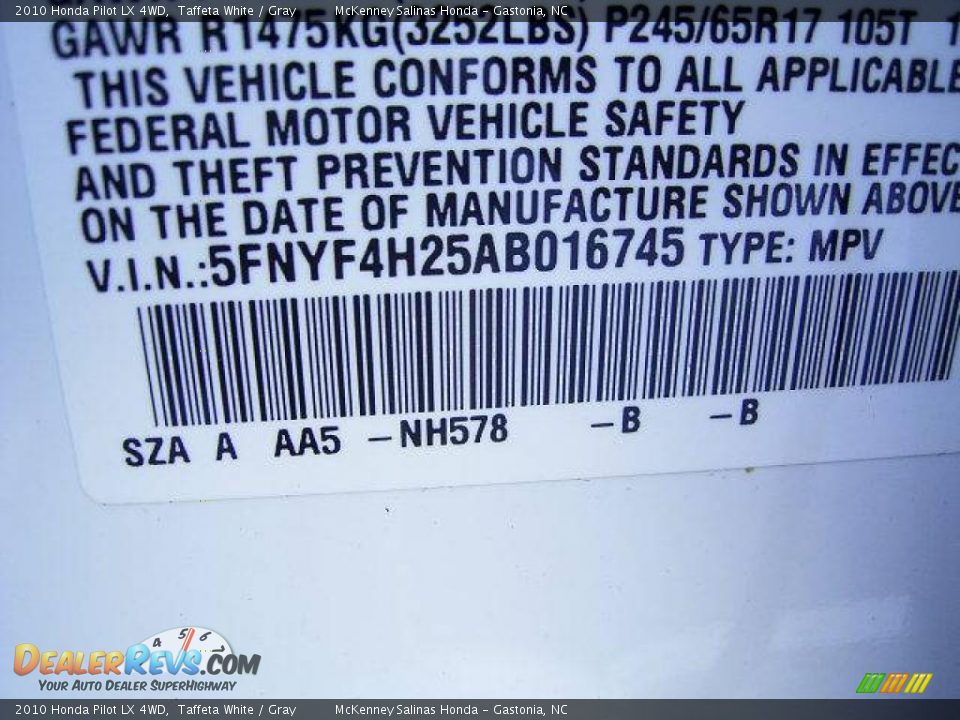 2010 Honda Pilot LX 4WD Taffeta White / Gray Photo #10
