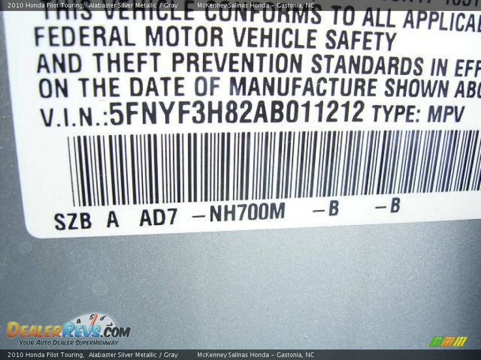 2010 Honda Pilot Touring Alabaster Silver Metallic / Gray Photo #10