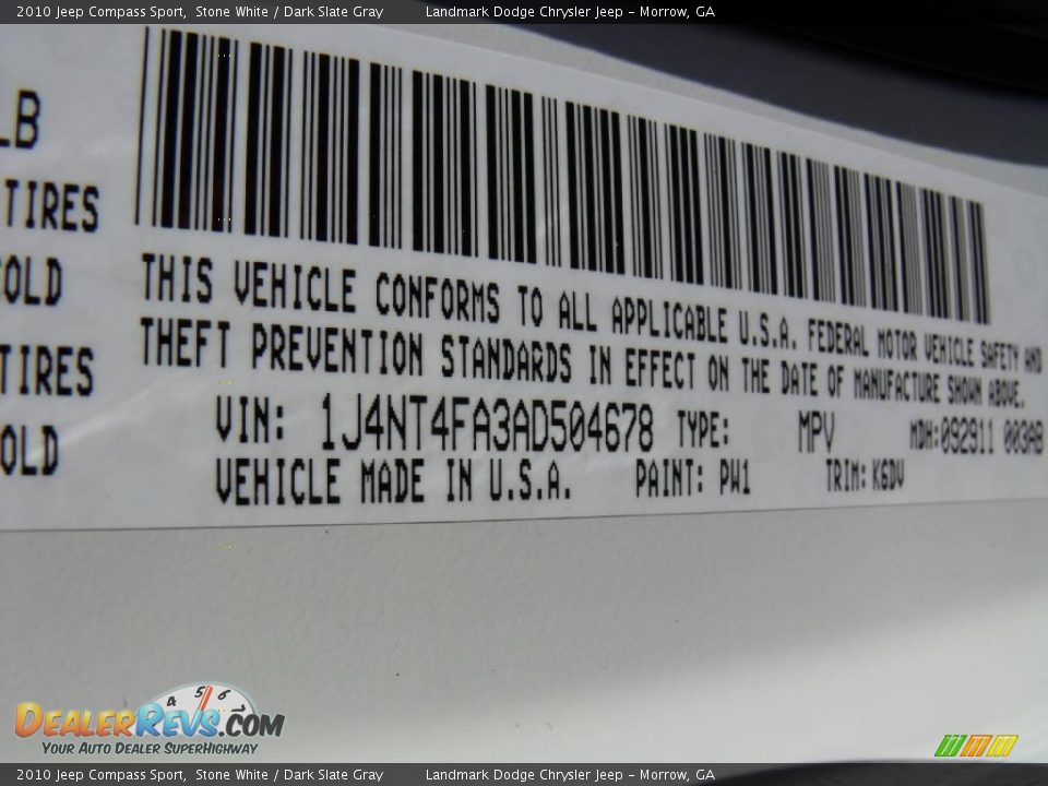2010 Jeep Compass Sport Stone White / Dark Slate Gray Photo #15