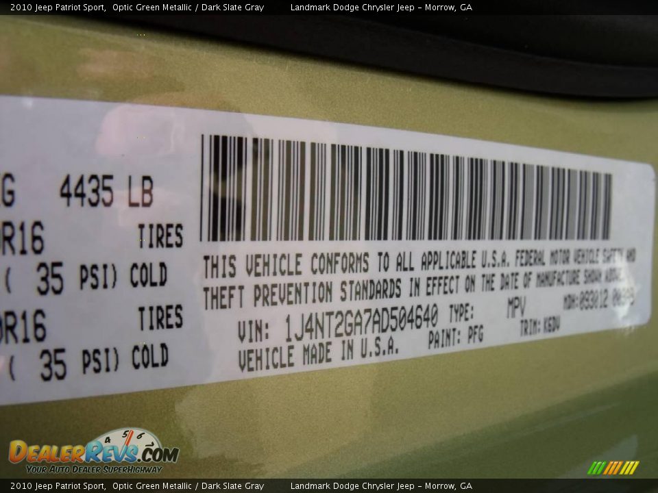 2010 Jeep Patriot Sport Optic Green Metallic / Dark Slate Gray Photo #15