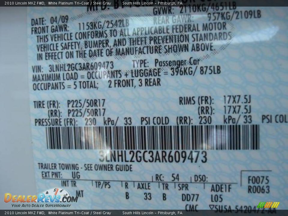 2010 Lincoln MKZ FWD White Platinum Tri-Coat / Steel Gray Photo #14