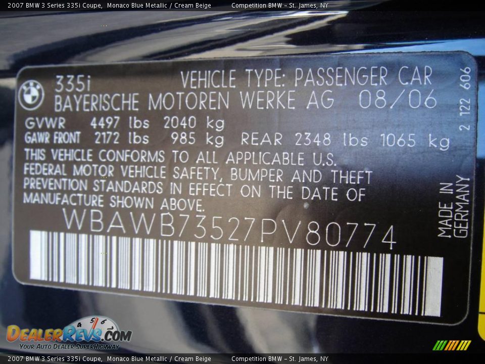 2007 BMW 3 Series 335i Coupe Monaco Blue Metallic / Cream Beige Photo #15
