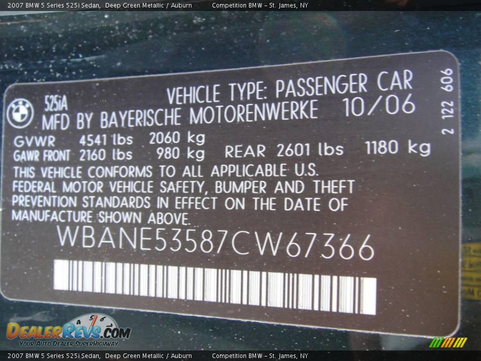 2007 BMW 5 Series 525i Sedan Deep Green Metallic / Auburn Photo #15