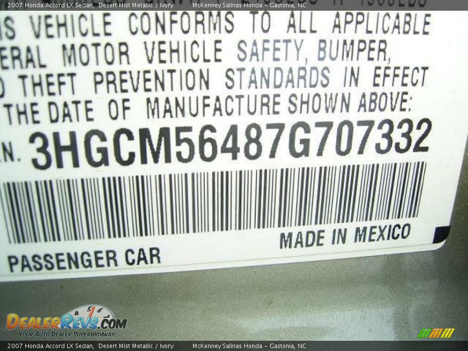 2007 Honda Accord LX Sedan Desert Mist Metallic / Ivory Photo #10