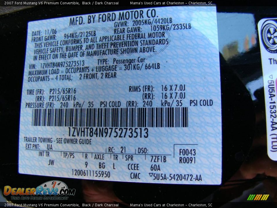 2007 Ford Mustang V6 Premium Convertible Black / Dark Charcoal Photo #17