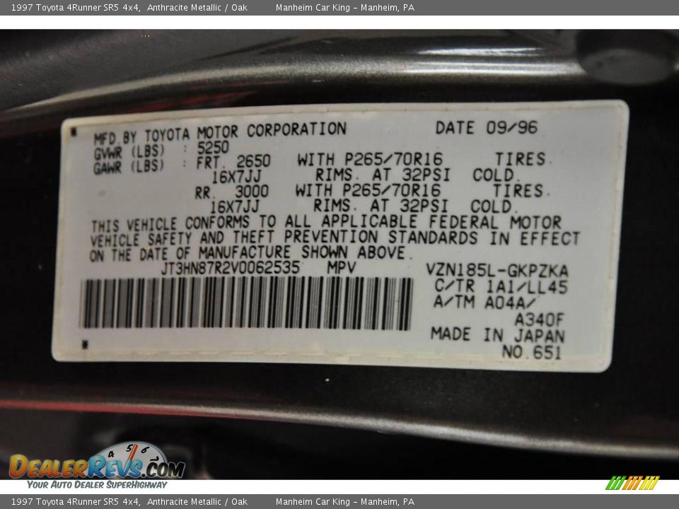 1997 Toyota 4Runner SR5 4x4 Anthracite Metallic / Oak Photo #13