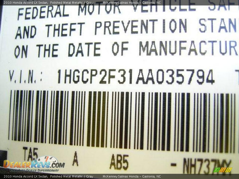 2010 Honda Accord LX Sedan Polished Metal Metallic / Gray Photo #9