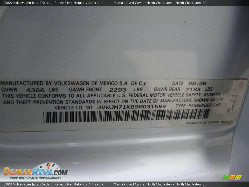 2009 Volkswagen Jetta S Sedan Reflex Silver Metallic / Anthracite Photo #19