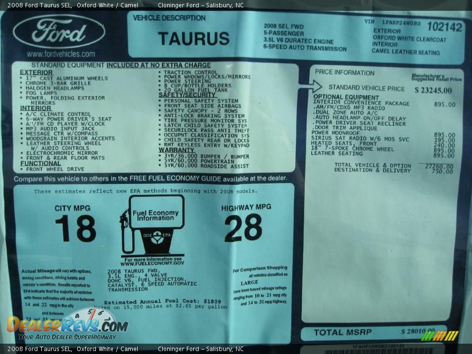 2008 Ford Taurus SEL Oxford White / Camel Photo #16