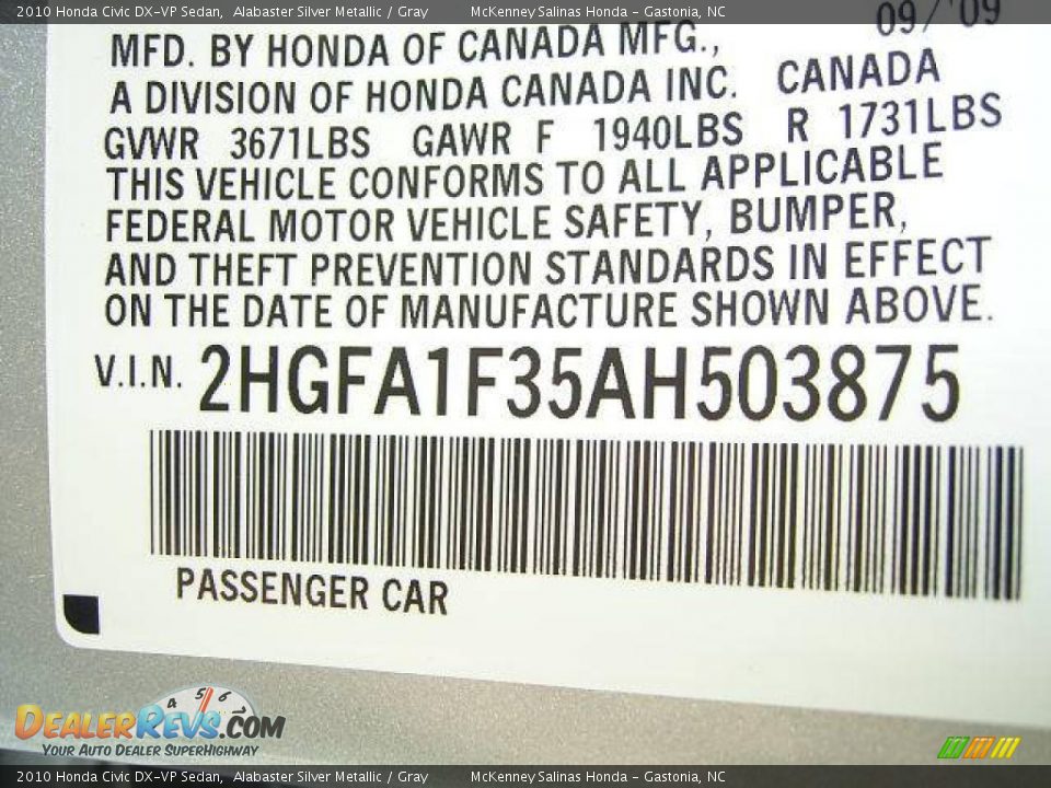 2010 Honda Civic DX-VP Sedan Alabaster Silver Metallic / Gray Photo #10