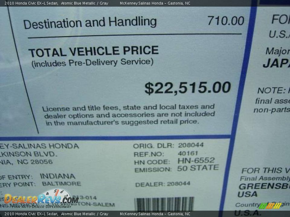 2010 Honda Civic EX-L Sedan Atomic Blue Metallic / Gray Photo #11