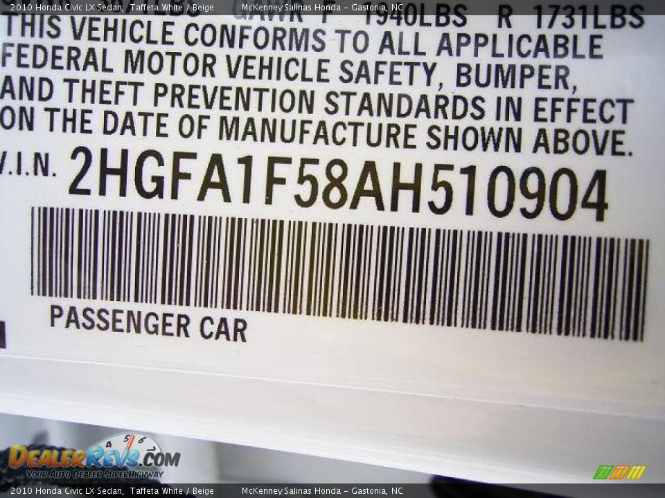 2010 Honda Civic LX Sedan Taffeta White / Beige Photo #10