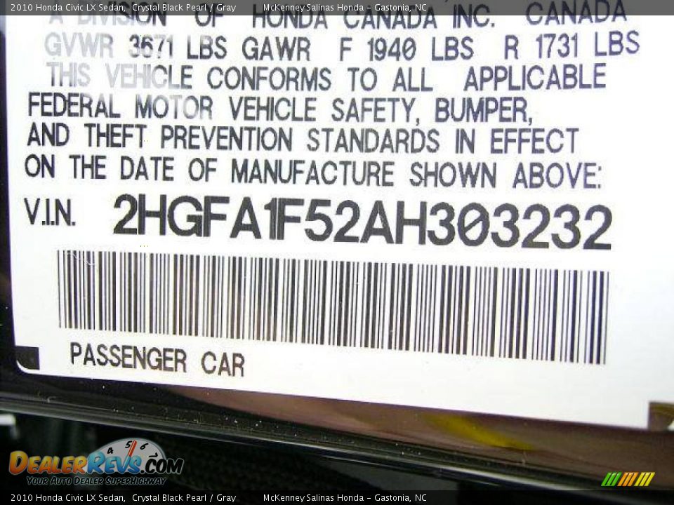 2010 Honda Civic LX Sedan Crystal Black Pearl / Gray Photo #10
