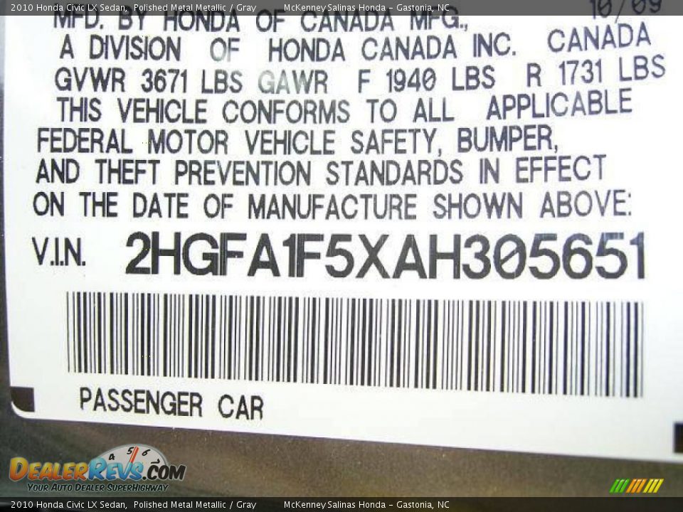 2010 Honda Civic LX Sedan Polished Metal Metallic / Gray Photo #10