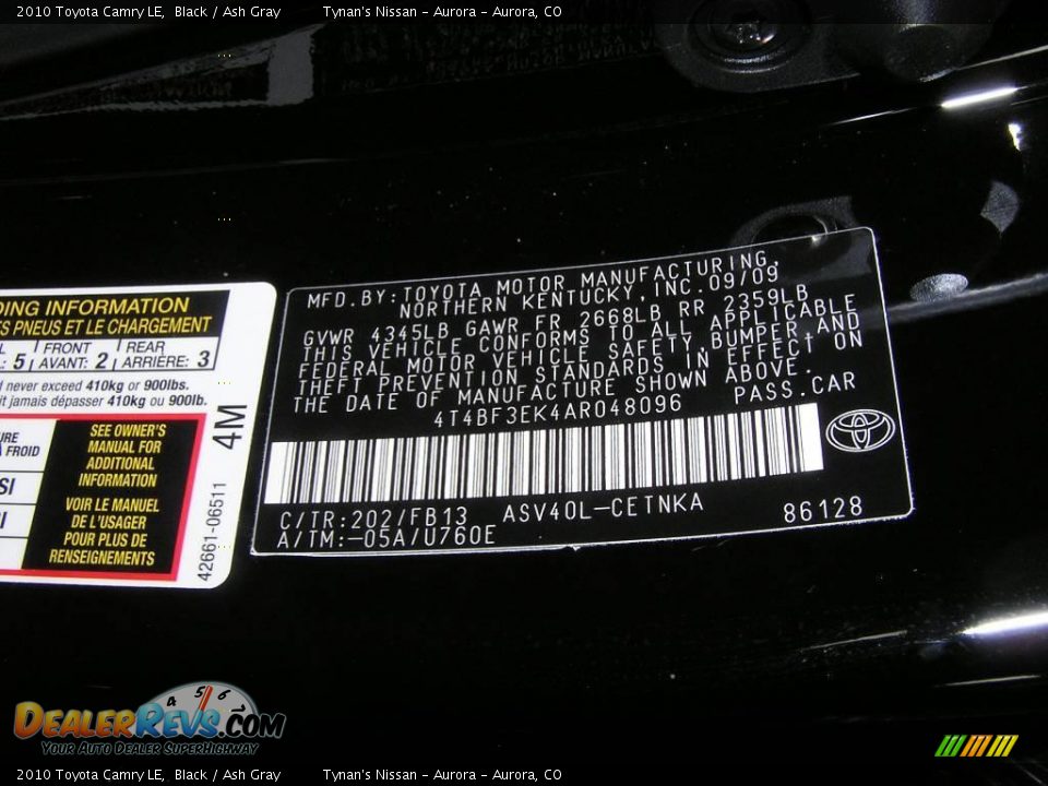 2010 Toyota Camry LE Black / Ash Gray Photo #21