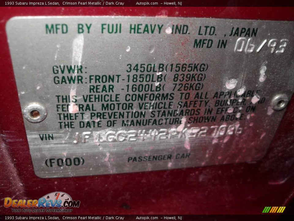 1993 Subaru Impreza L Sedan Crimson Pearl Metallic / Dark Gray Photo #16