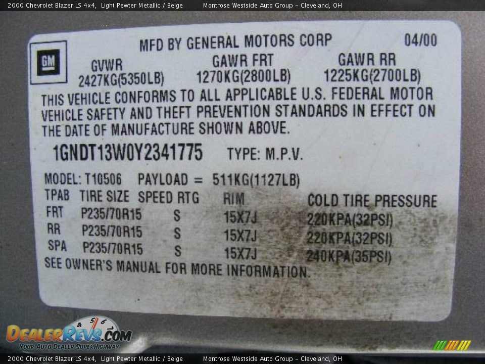 2000 Chevrolet Blazer LS 4x4 Light Pewter Metallic / Beige Photo #29