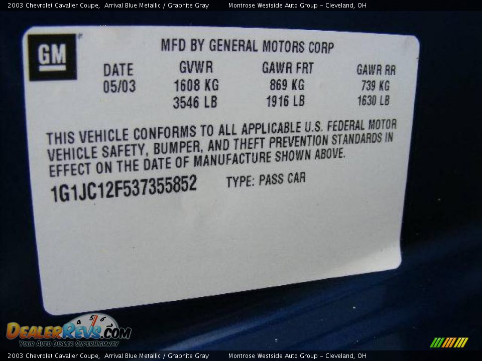 2003 Chevrolet Cavalier Coupe Arrival Blue Metallic / Graphite Gray Photo #29
