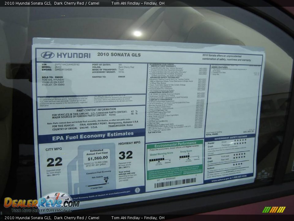 2010 Hyundai Sonata GLS Dark Cherry Red / Camel Photo #18