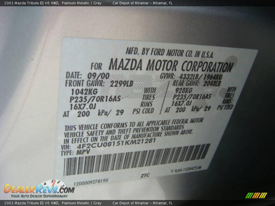 2001 Mazda Tribute ES V6 4WD Platinum Metallic / Gray Photo #20