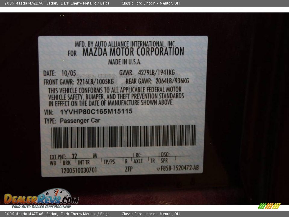 2006 Mazda MAZDA6 i Sedan Dark Cherry Metallic / Beige Photo #21