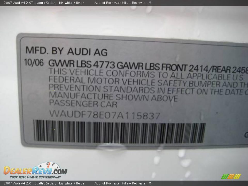 2007 Audi A4 2.0T quattro Sedan Ibis White / Beige Photo #23