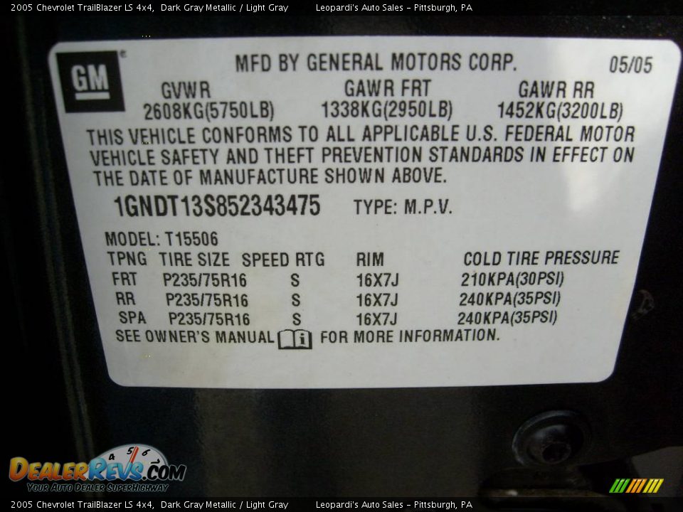 2005 Chevrolet TrailBlazer LS 4x4 Dark Gray Metallic / Light Gray Photo #13