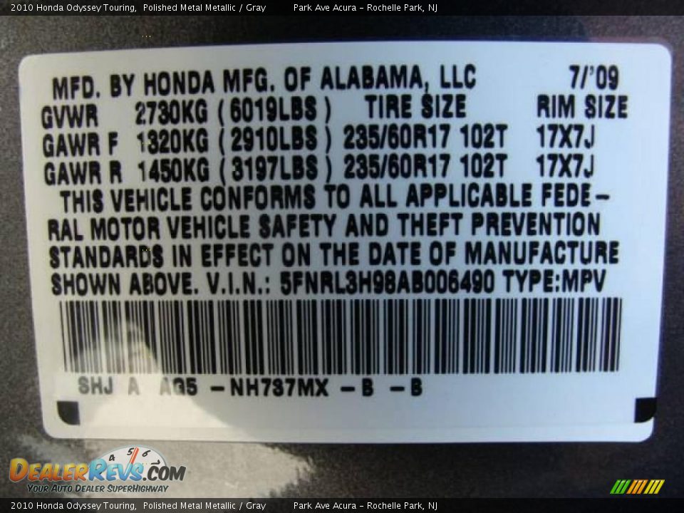 2010 Honda Odyssey Touring Polished Metal Metallic / Gray Photo #27