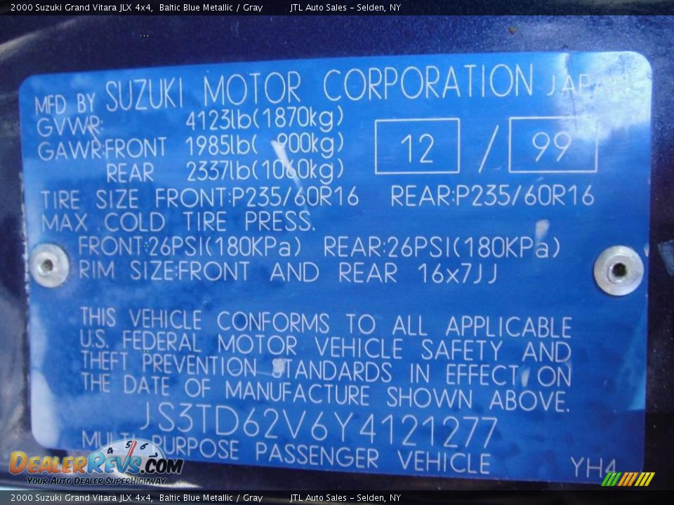 2000 Suzuki Grand Vitara JLX 4x4 Baltic Blue Metallic / Gray Photo #16