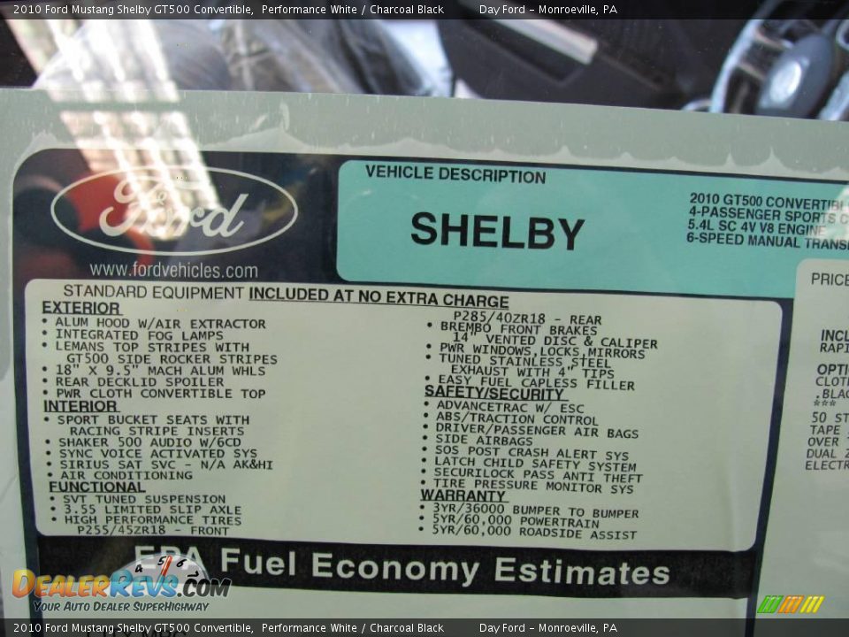 2010 Ford Mustang Shelby GT500 Convertible Performance White / Charcoal Black Photo #12