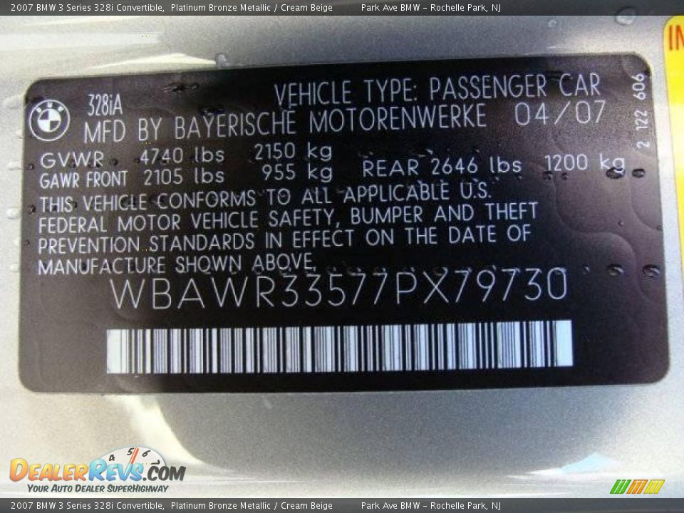 2007 BMW 3 Series 328i Convertible Platinum Bronze Metallic / Cream Beige Photo #25