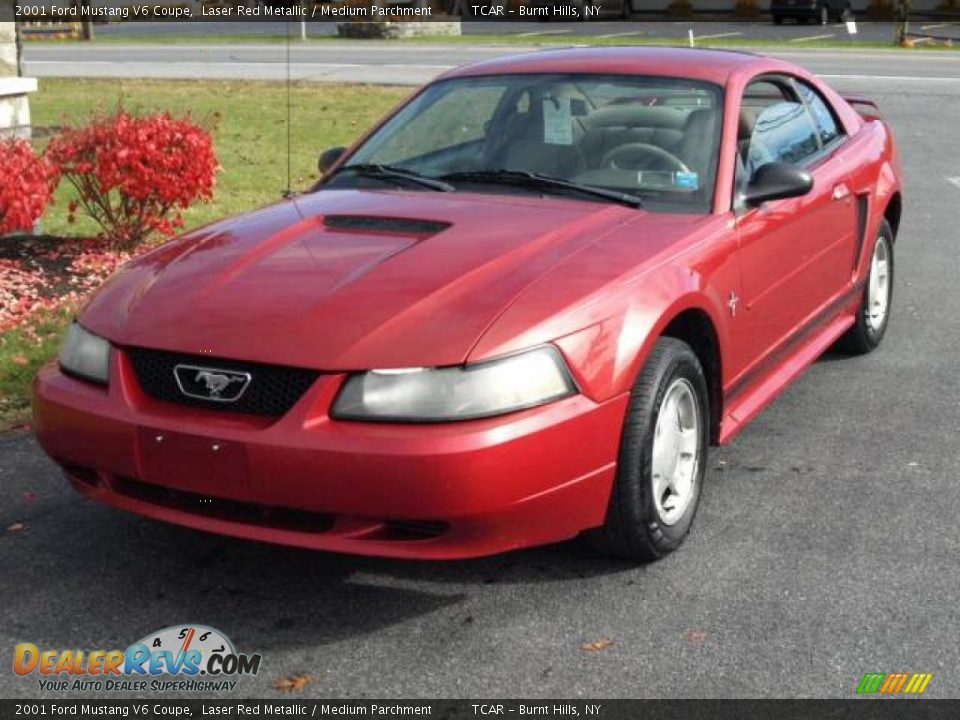 2001 Ford Mustang V6 Coupe Laser Red Metallic / Medium Parchment Photo #2