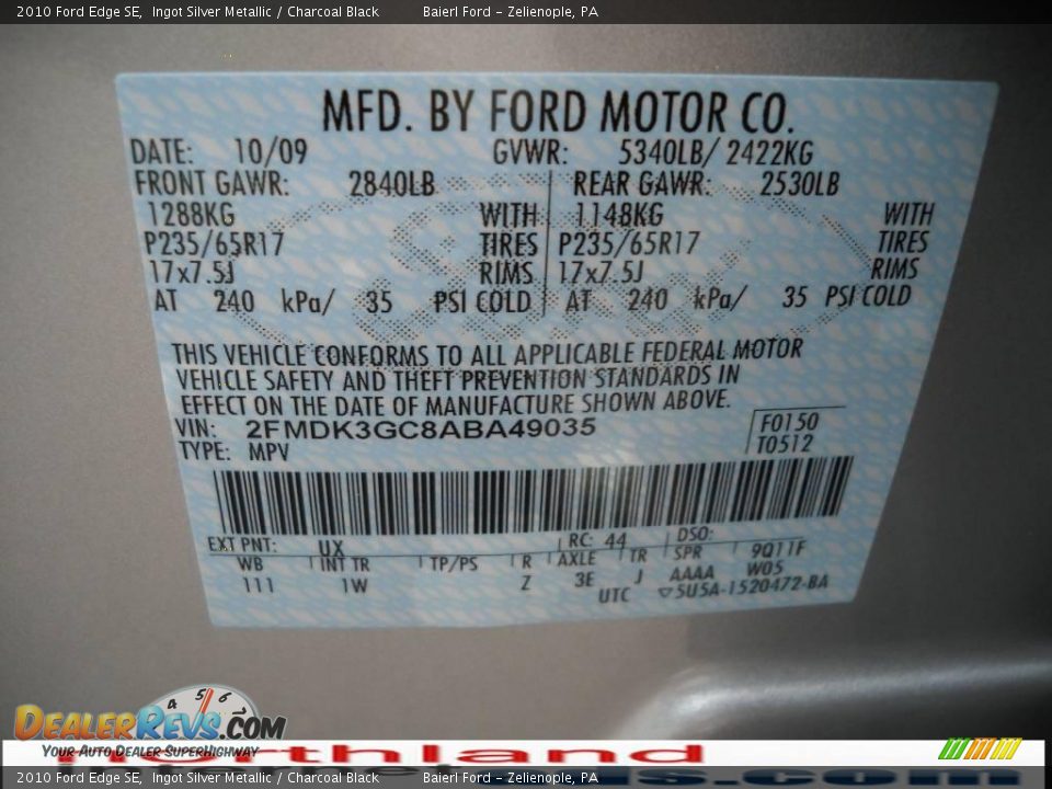 2010 Ford Edge SE Ingot Silver Metallic / Charcoal Black Photo #12
