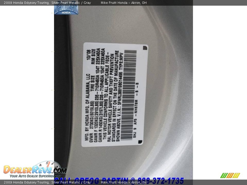 2009 Honda Odyssey Touring Silver Pearl Metallic / Gray Photo #36